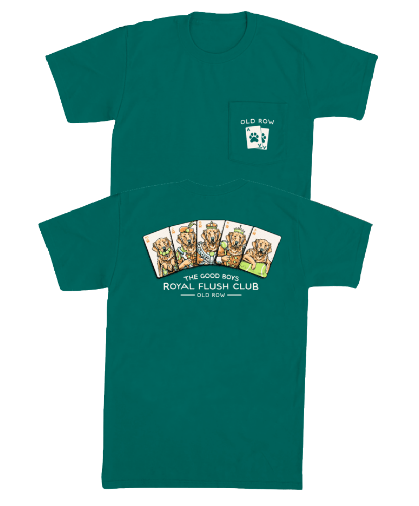Green t-shirt with dogs as playing cards and ROTYAL FLUSH CLUB on a white background