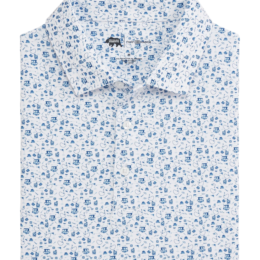 White shirt with blue floral pattern on a white background
