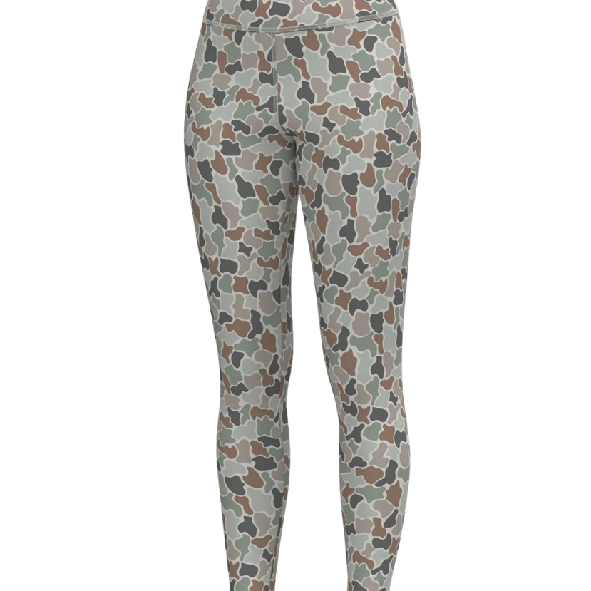 High-waisted leggings with an all-over camouflage pattern in muted green, brown, gray, and beige tones, shown against a plain white background.