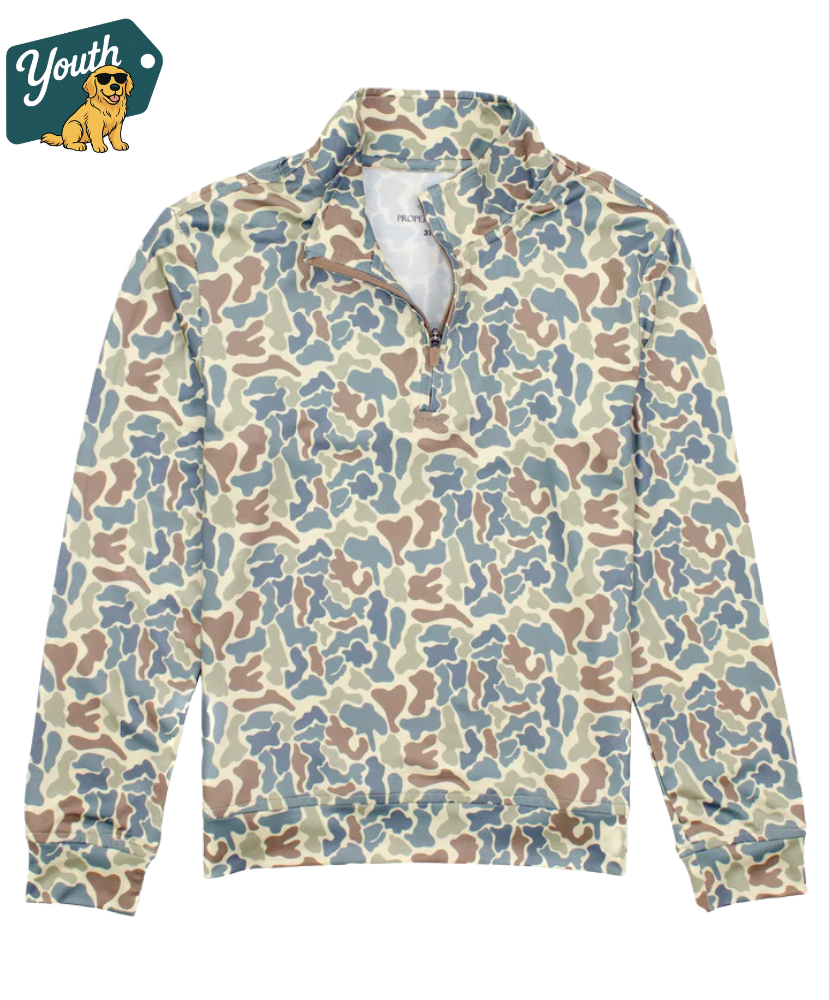 Camouflage-patterned YOUTH pullover with 'Youth' logo in the corner
