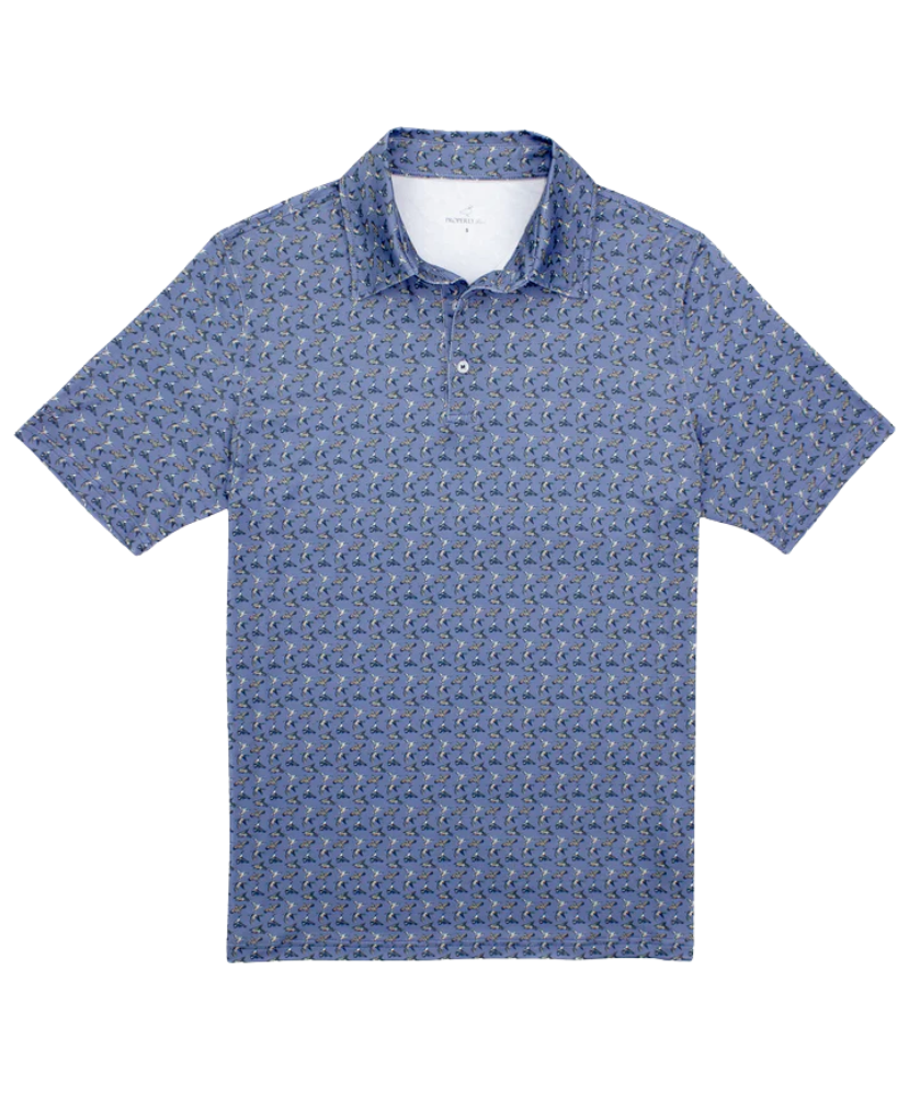 Blue patterned polo shirt on a white background
