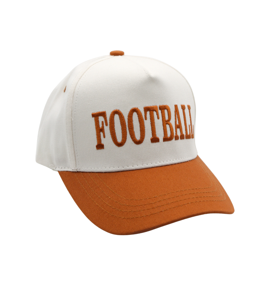 White and orange cap with 'FOOTBALL' text on a white background