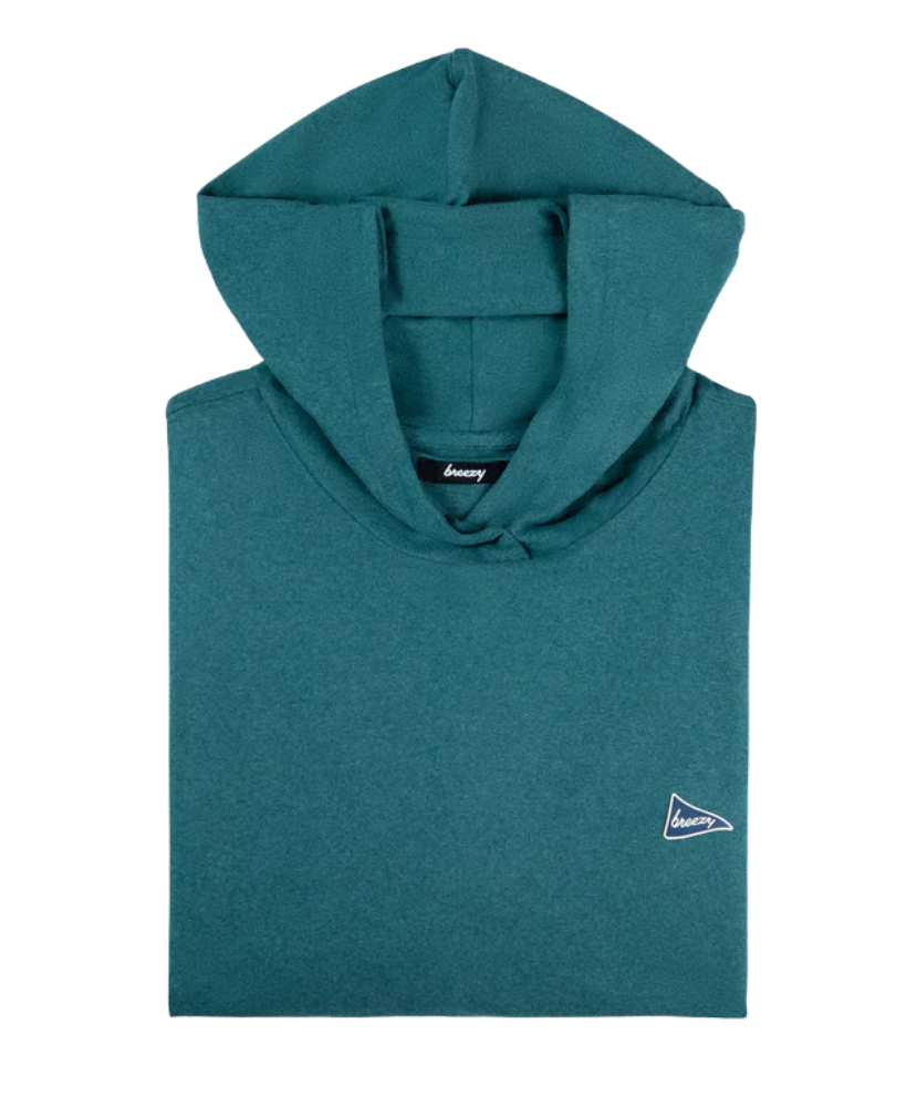 Teal hoodie with a small logo on a white background