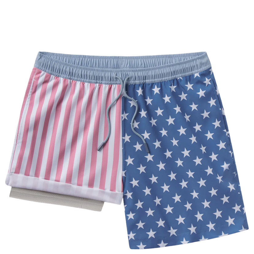 Two pairs of shorts with American flag patterns on a white background
