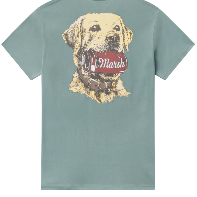 T-shirt with a yellow lab holding a can graphic and 'Marsh' logo on the back, on a light green background