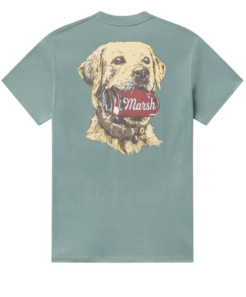 T-shirt with a yellow lab holding a can graphic and 'Marsh' logo on the back, on a light green background