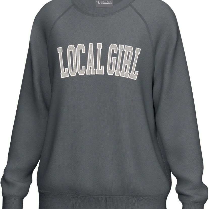 Gray sweatshirt with 'LOCAL GIRL' text on a white background