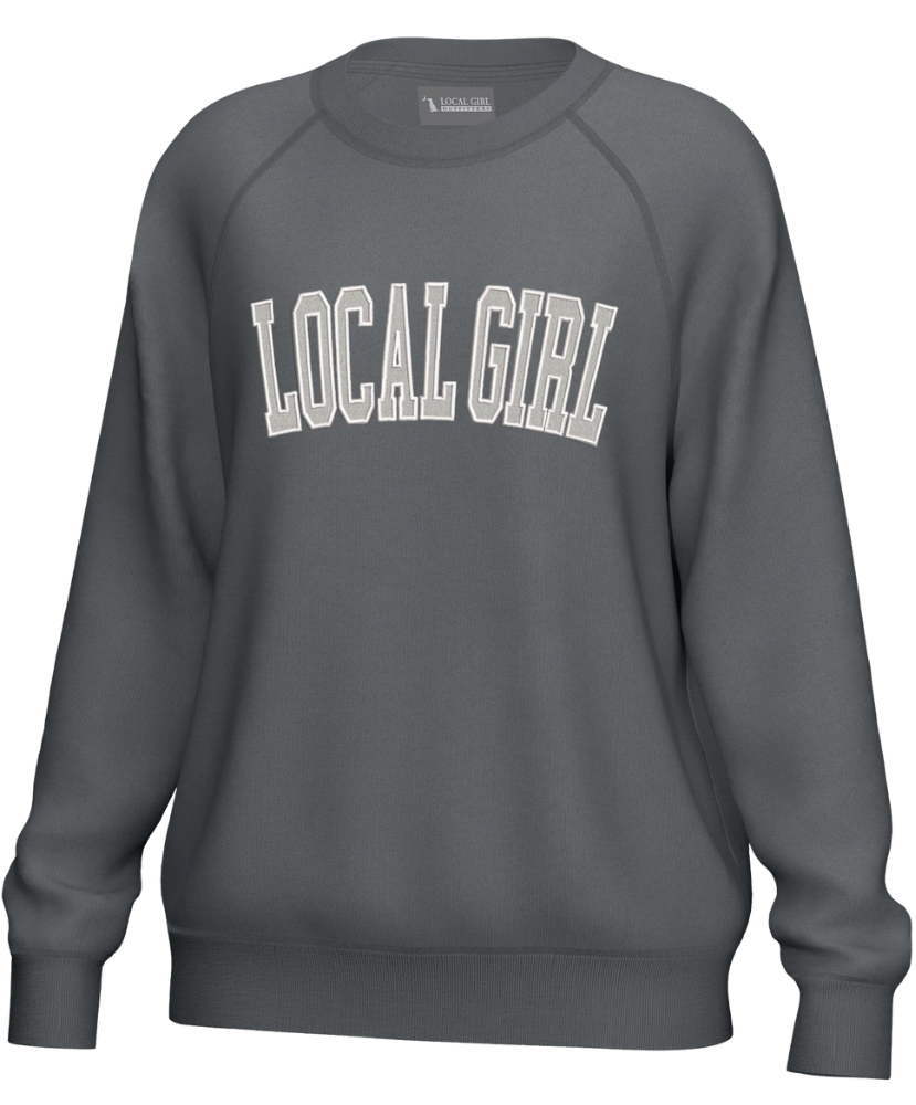 Gray sweatshirt with 'LOCAL GIRL' text on a white background