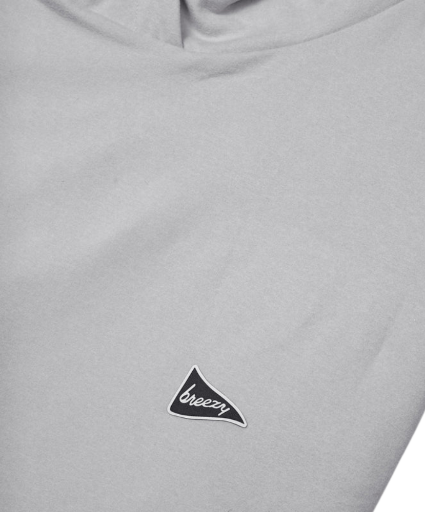 Gray hoodie with a small logo on the chest