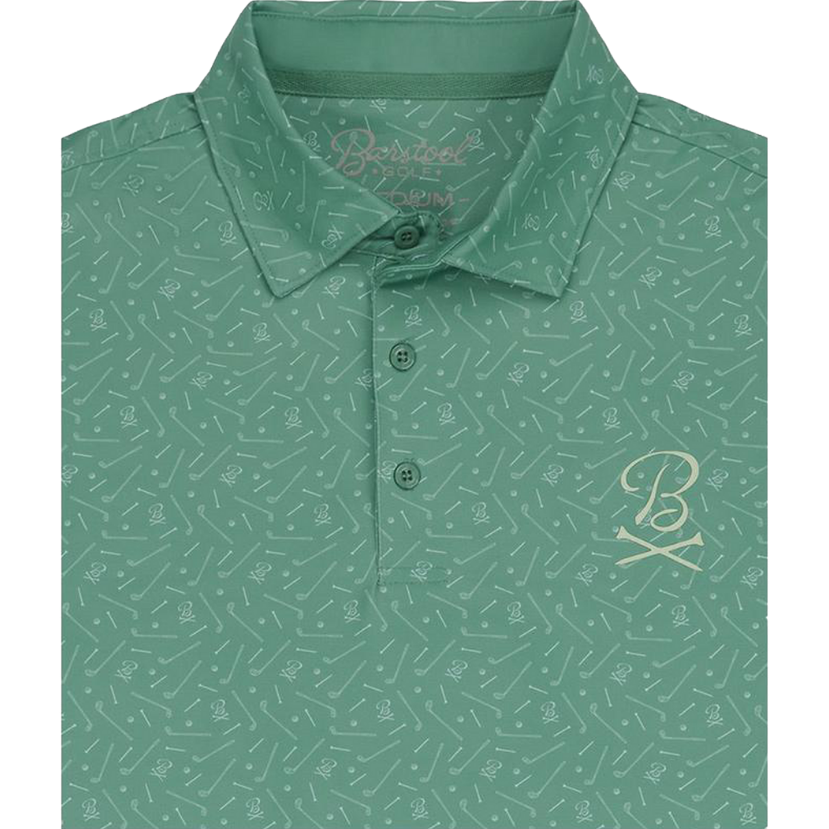 Green Barstool polo shirt with subtle pattern and brand logo on a white background