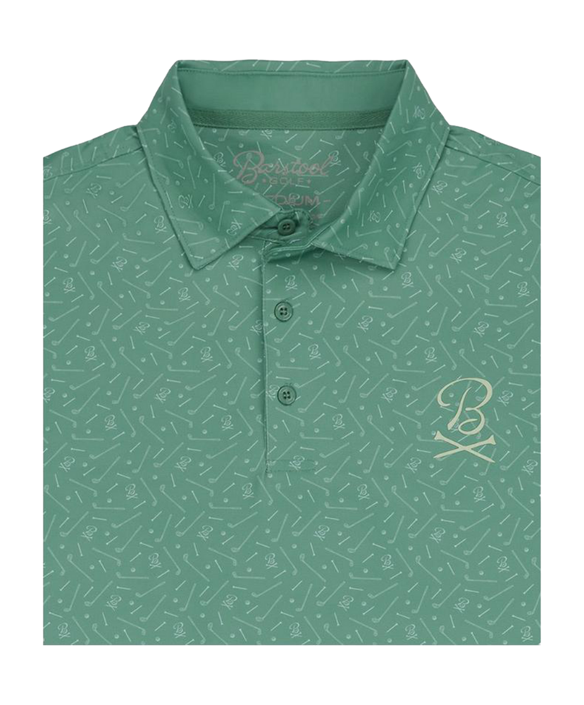 Green Barstool polo shirt with subtle pattern and brand logo on a white background