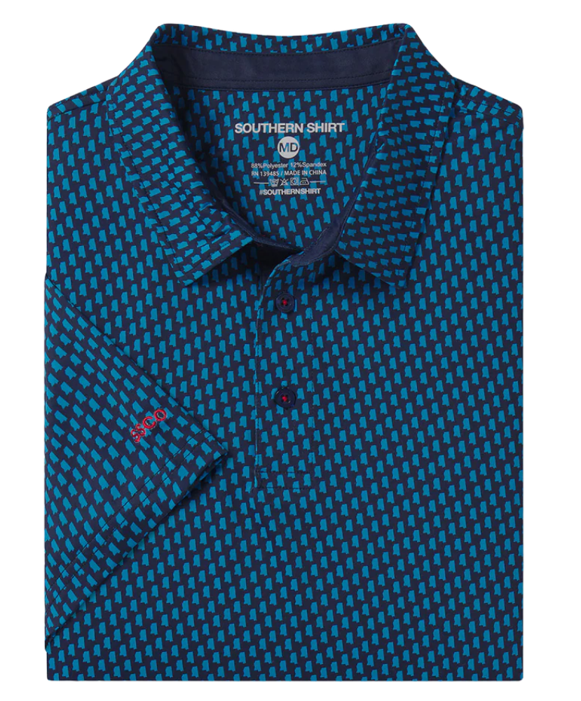 Ole Miss themed polo. The Grove Polo. Navy polo with powder blue prints of the state of Mississippi