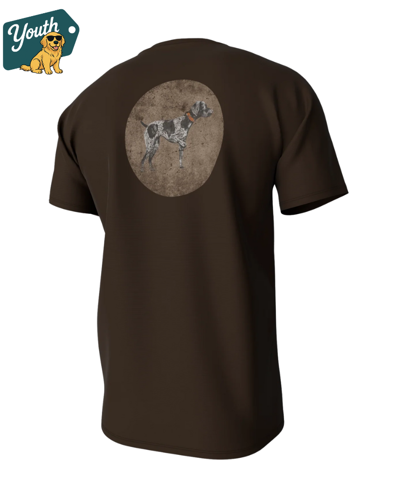 YOUTH Brown t-shirt with a GSP dog graphic on the back, featuring the 'Youth' brand logo.