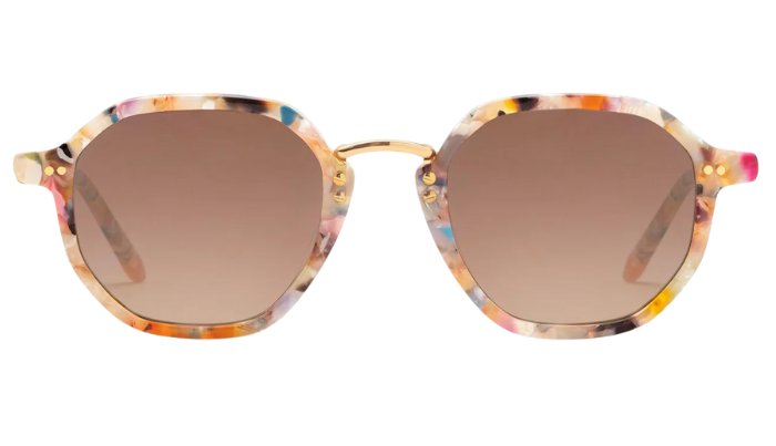 Krewe Sunglasses with colorful frame and brown lenses on a white background
