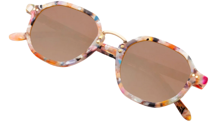 Krewe Sunglasses with colorful frame and brown lenses on a white background