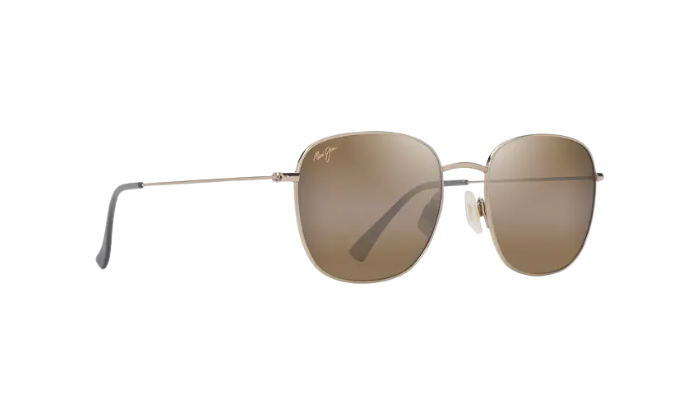 Sunglasses with gold frame and brown lenses on a white background