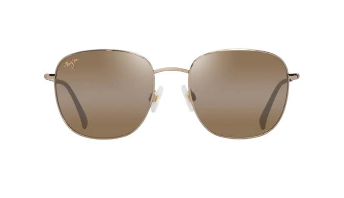 Sunglasses with gold frame and brown lenses on a white background