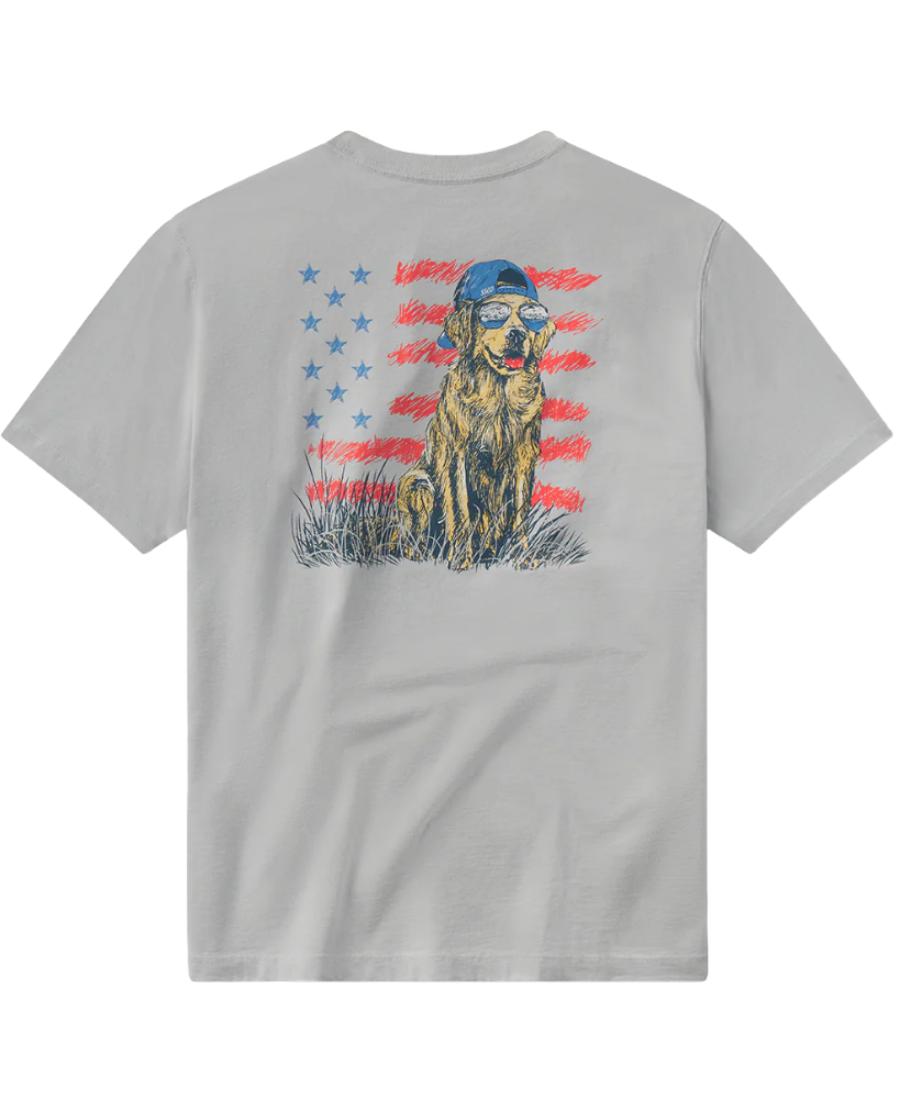 Gray t-shirt with a graphic of a dog wearing a cap on an American flag background.