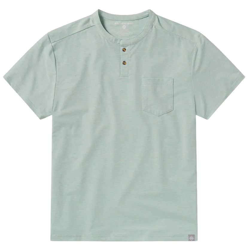 Light blue henley shirt with a pocket on a white background