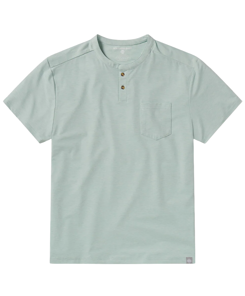 Light blue henley shirt with a pocket on a white background