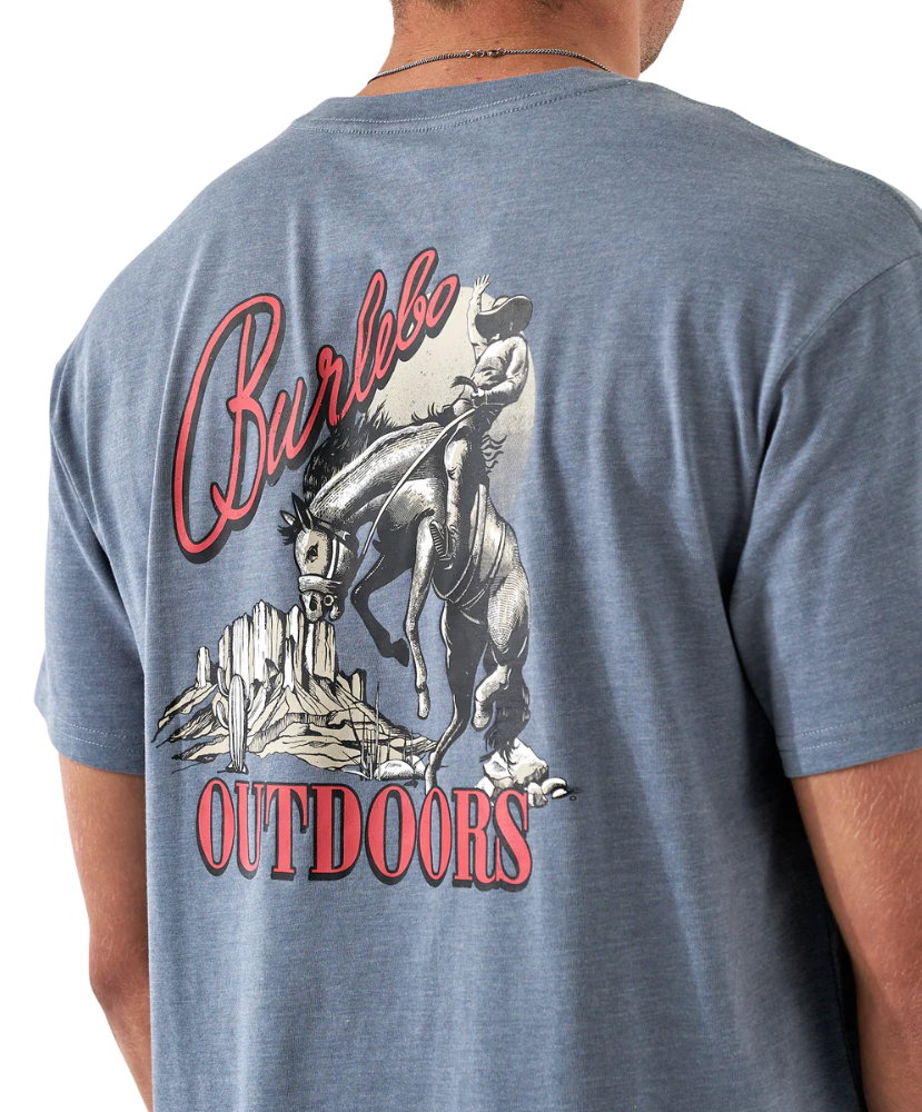 Blue t-shirt with a graphic of a cowboy on horseback and text 'Burlebo Outdoors' on the back.