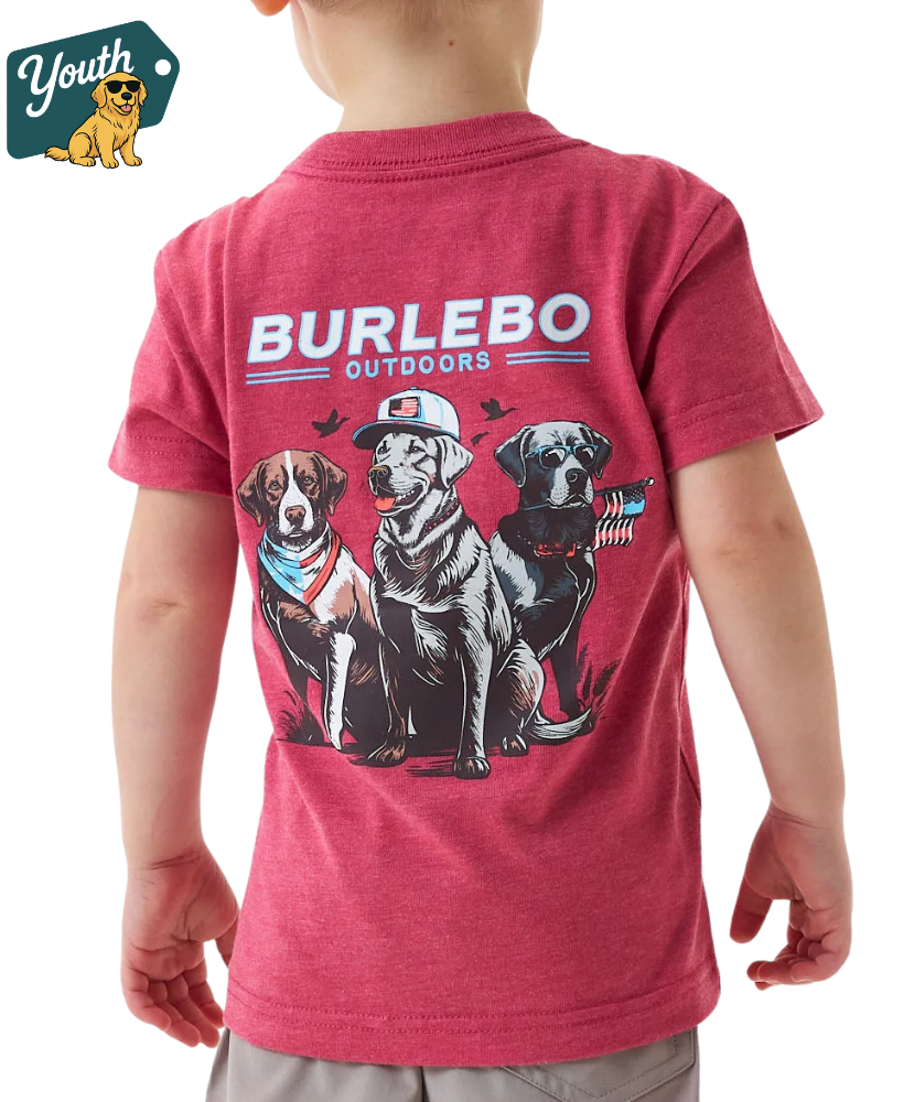 Child wearing a red t-shirt with 'Burlebo Outdoors' and dog graphics on a white background