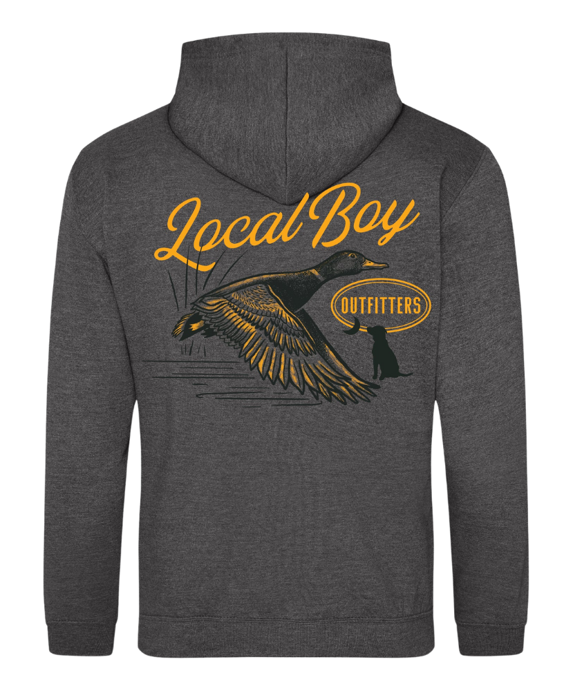 Gray hoodie with 'Local Boy Outfitters' logo and duck design on the back