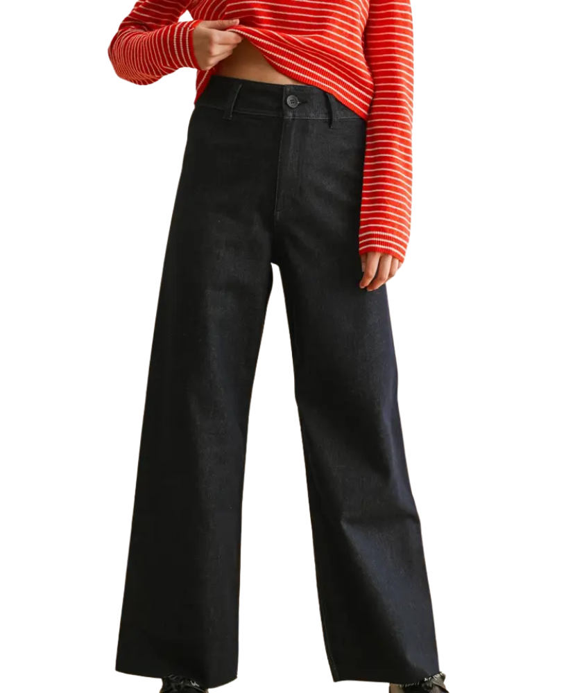 Person wearing black wide-leg pants with a red and white striped shirt.