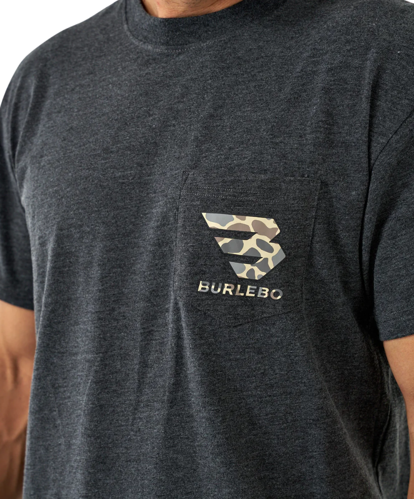 Dark gray t-shirt with a camouflage logo and 'Burlebo' text on a white background