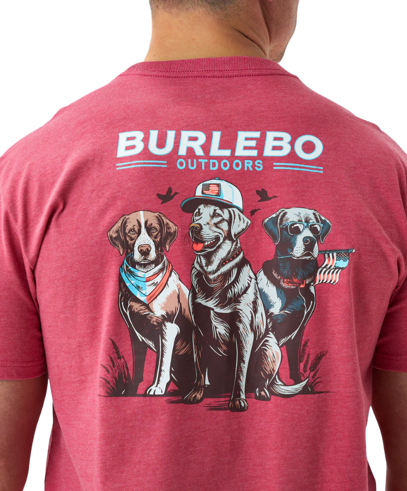 Red t-shirt with dog illustration and 'Burlebo Outdoors' branding on a white background