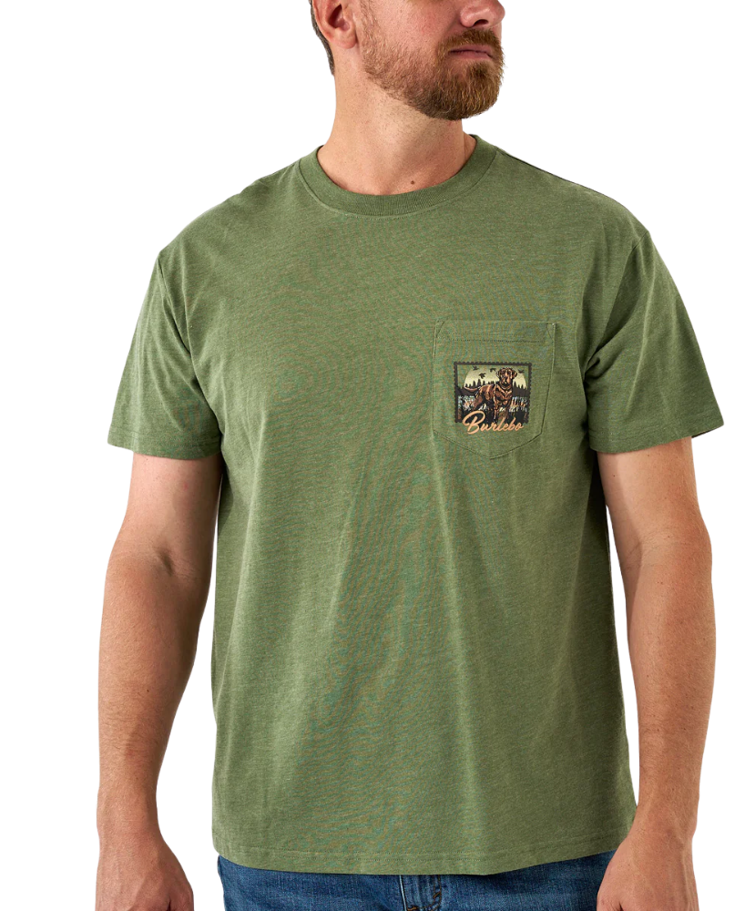 Man wearing a green t-shirt with a pocket design on a white background