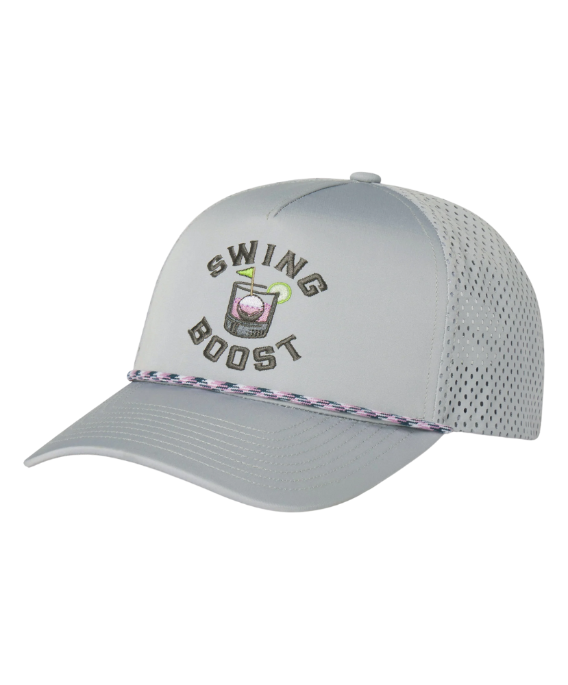 Gray cap with 'Swing Boost' logo and an transfusion on a white background