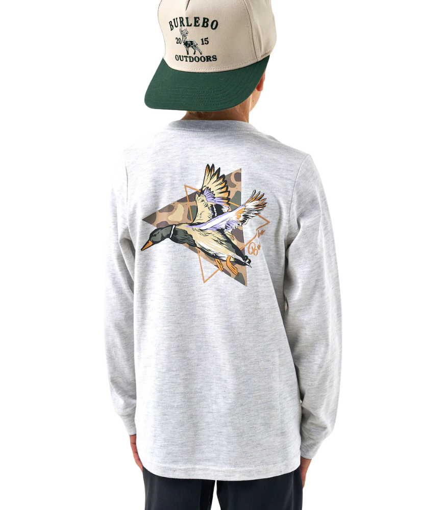 Child wearing a gray long-sleeve shirt with duck design on the back, standing against a white background.