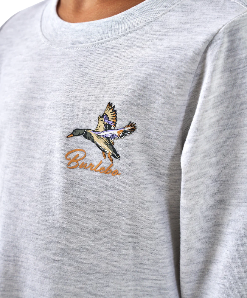 Gray longsleeve t-shirt with a duck embroidered design and 'Barlebo' text.