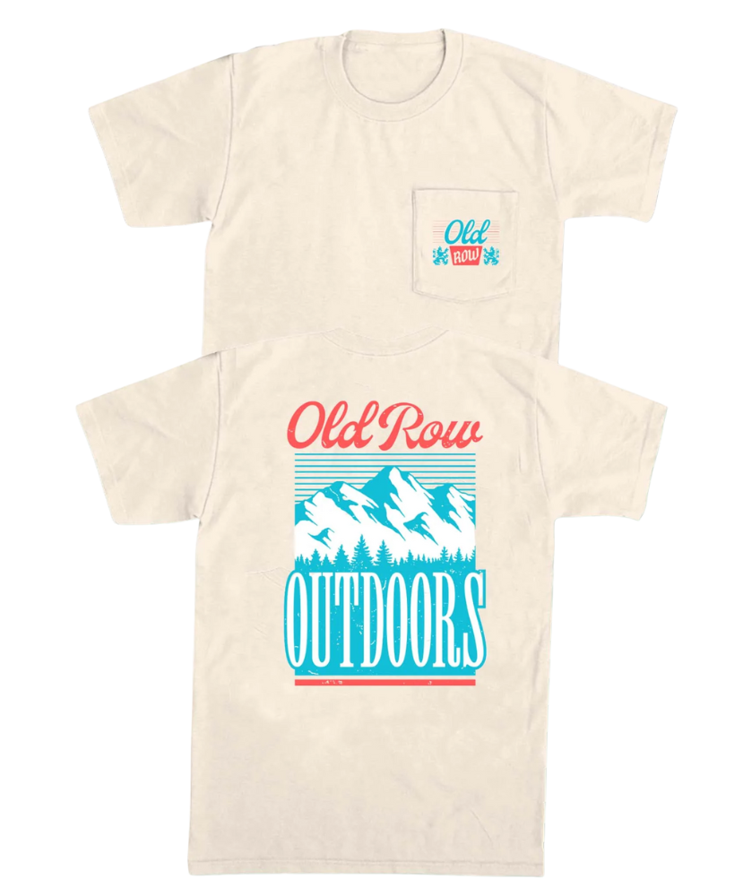 Beige t-shirt with 'Old Row Outdoors' graphic design on a white background