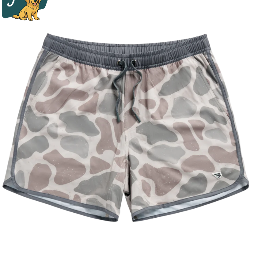 Camouflage kid's swim trunks with gray waistband on a white background, featuring a 'Youth' logo with a dog icon in the corner.