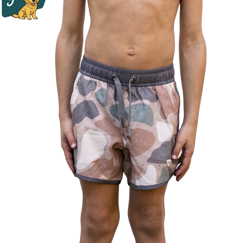 Person wearing camouflage SWIM shorts on a transparent background