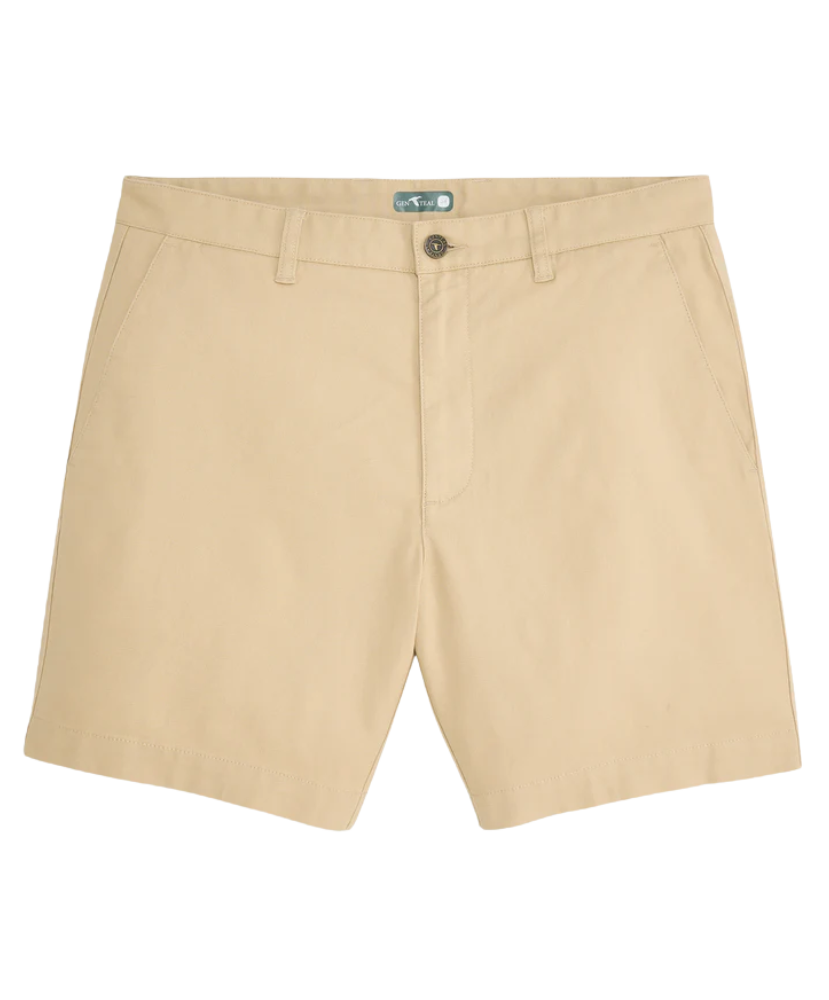 GENTEAL khaki shorts with a brand label on a white background