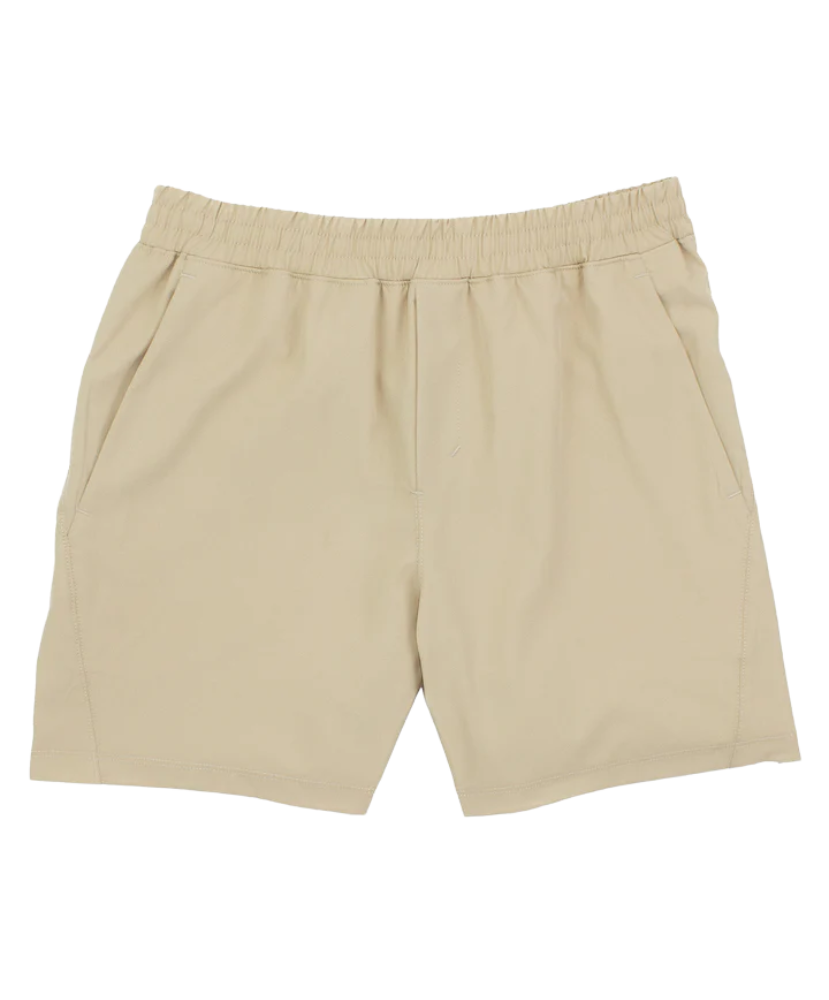 KHAKI Performance shorts on a white background