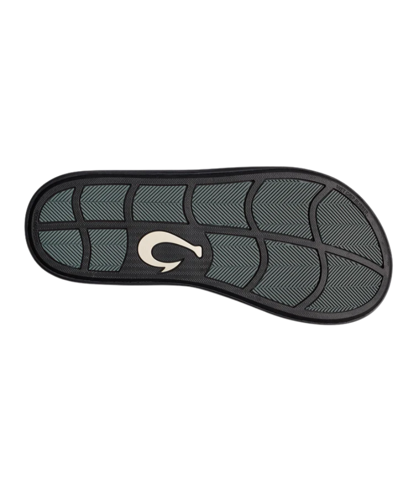 Black sandal sole with a Olukai logo on a white background