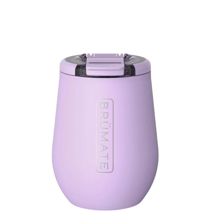 Purple insulated wine tumbler with Brumate logo on a white background UNCORK'D 14OZ LAVENDER