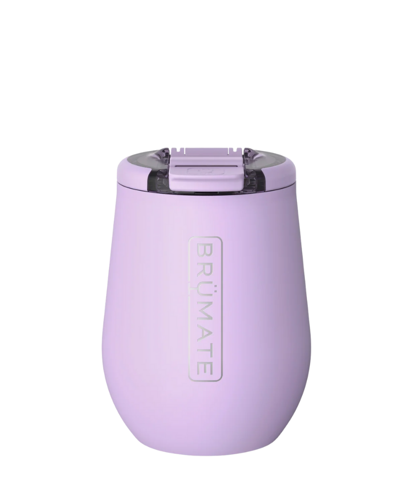 Purple insulated wine tumbler with Brumate logo on a white background UNCORK'D 14OZ LAVENDER