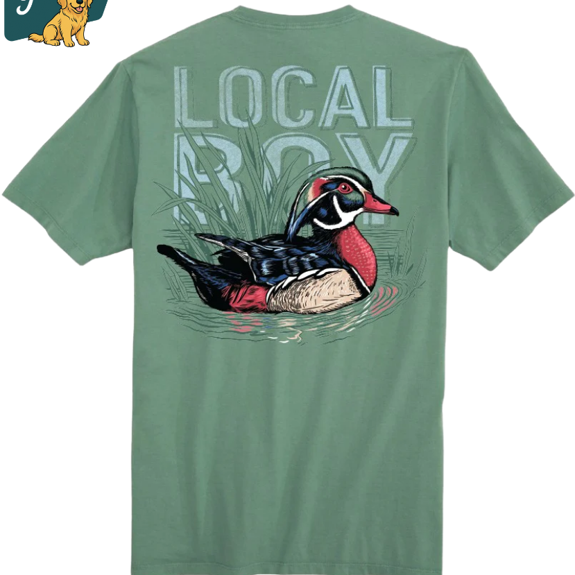Youth Local Boy Green t-shirt with a duck graphic and 'Local Boy' text on a white background