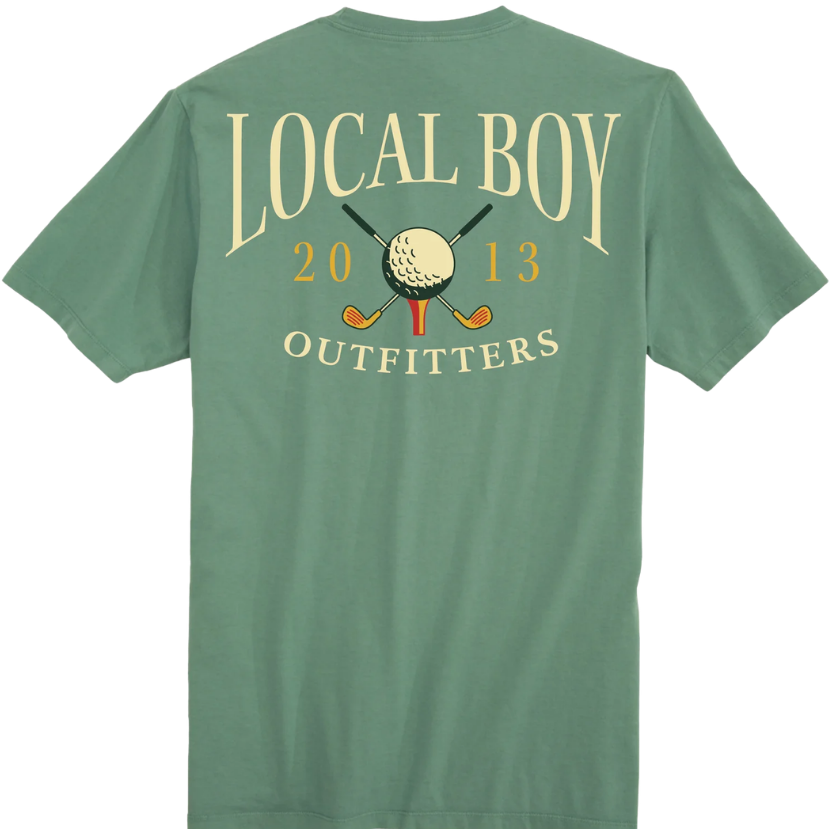 Green t-shirt with 'Local Boy Outfitters' logo and a golf ball and text on a white background