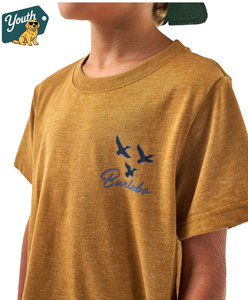 Light Brown heather t-shirt with blue bird and 'Burlebo' design, worn by a person, with 'Youth' logo in the corner.