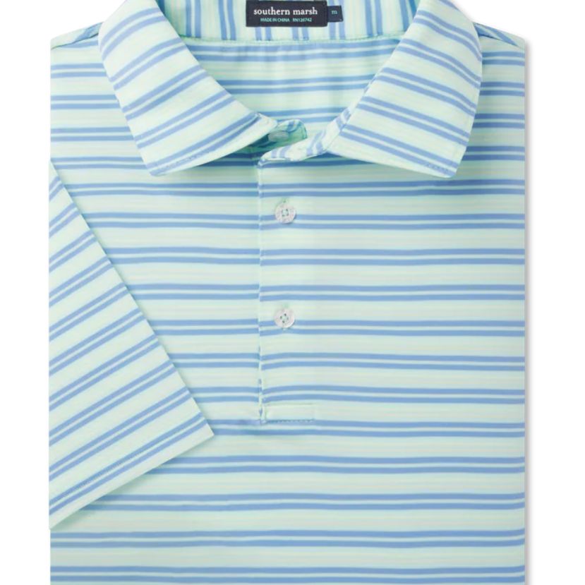 Folded blue and TEAL striped polo shirt with Southern Marsh label on a white background