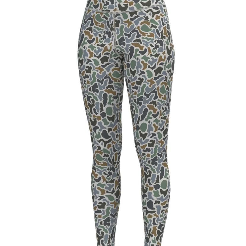 High-waisted leggings with an all-over camouflage pattern in olive green, brown, gray, and white, shown on a plain white background.