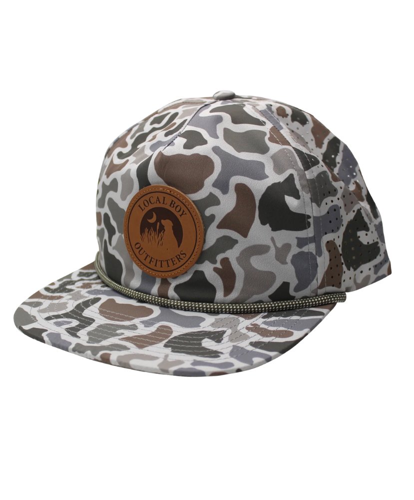 Local boy branded camo performance rope hat.