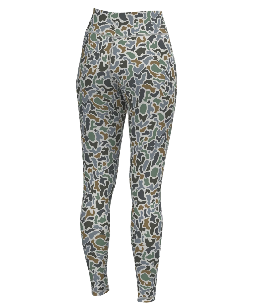High-waisted leggings with an all-over camouflage pattern in muted green, brown, gray, and black, shown against a plain white background.