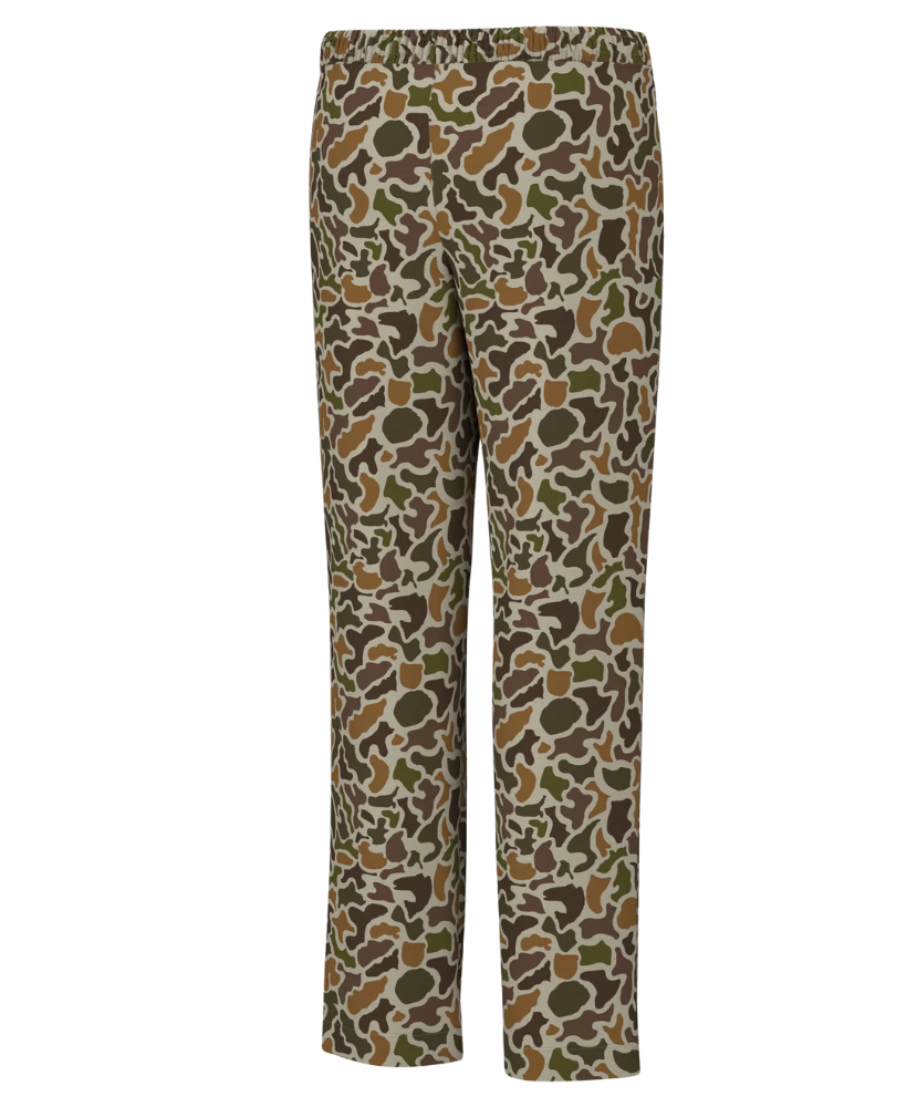 Camouflage-patterned pajama pants on a white background